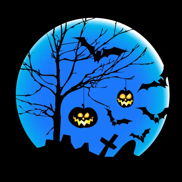 Halloween illustration with pumpkins, bats and big moon — Stock Vector