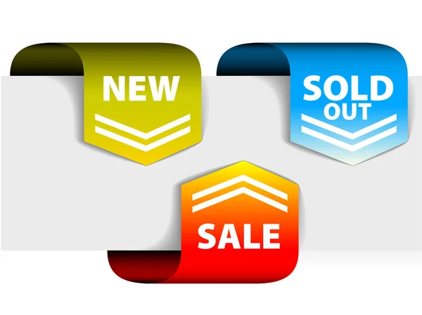 Set of arrows pointing at the new, sold out and discount item — Stock Vector