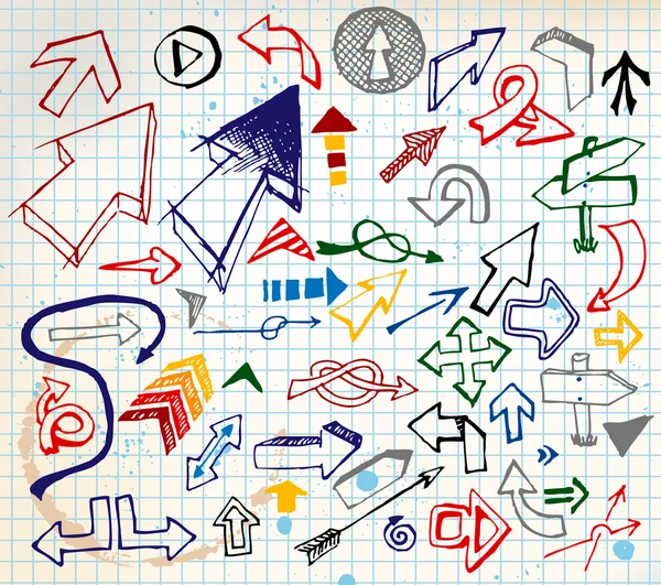 Grote reeks van verschillende kleurrijke doodle pijlen — Stockvector