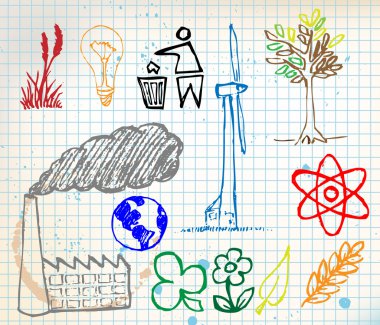 Set of colorful ecology hand-drawn icons clipart