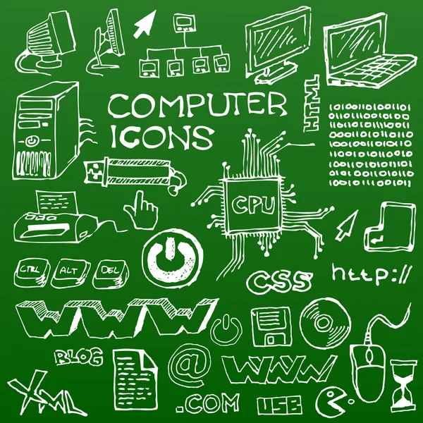 Set di icone del computer disegnate a mano bianche — Vettoriale Stock