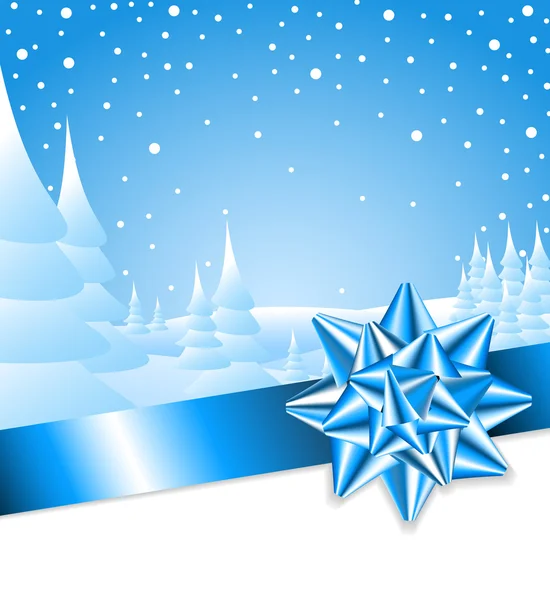 Блакитна стрічка з бантом та різдвяним пейзажем — стоковий вектор