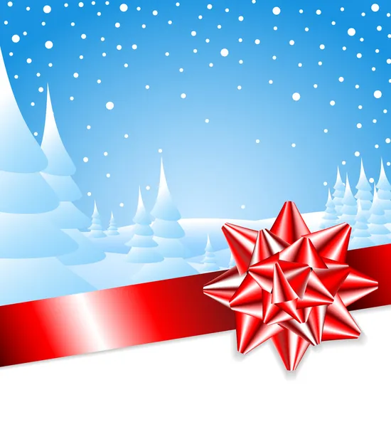 Nastro rosso con fiocco con paesaggio natalizio — Vettoriale Stock