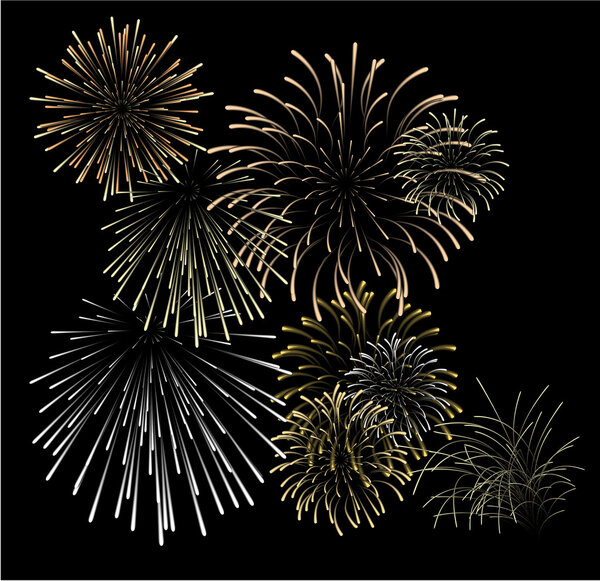 Set of silver and golden fireworks