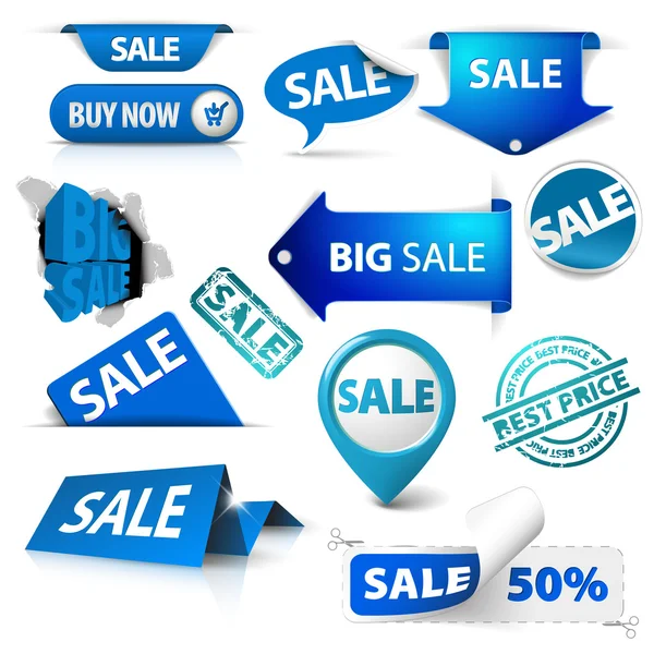 Kolekce modré prodej vstupenek, štítky, razítka, samolepky — Stockový vektor