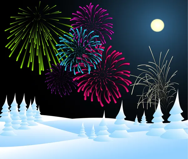 Winter christmas landscape with fireworks — Stock Vector