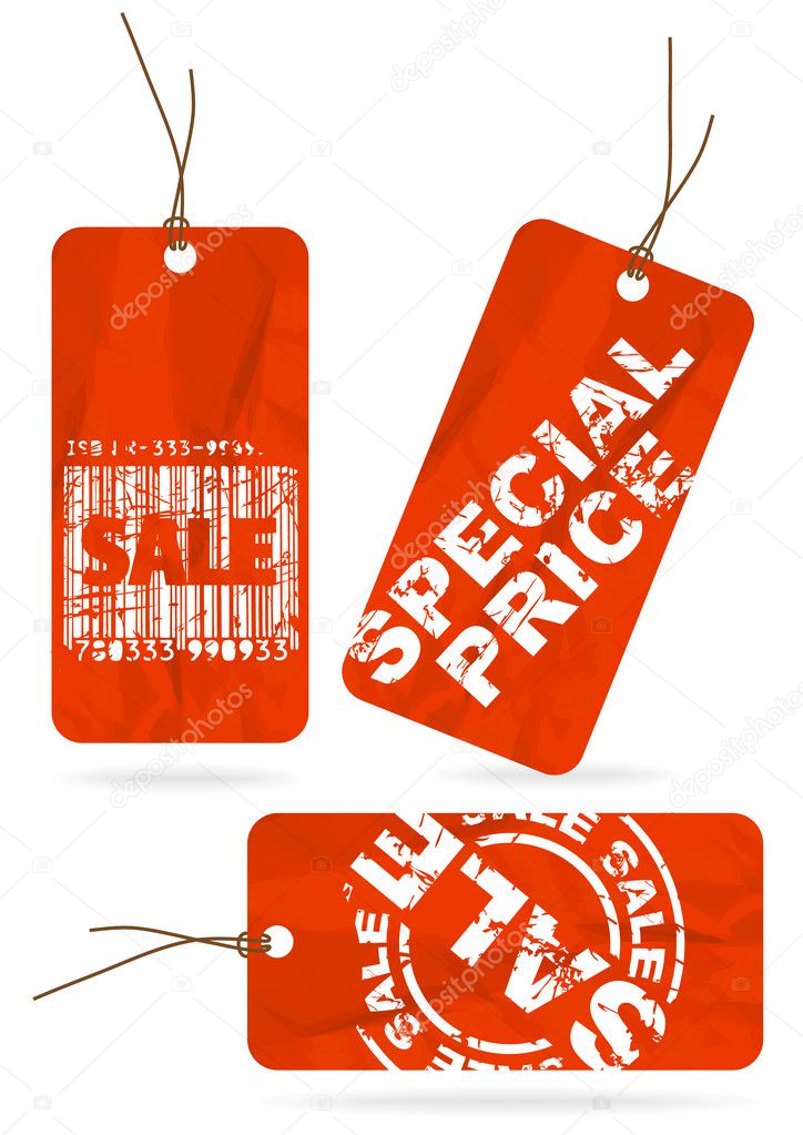 Set of red crumpled sale paper tags