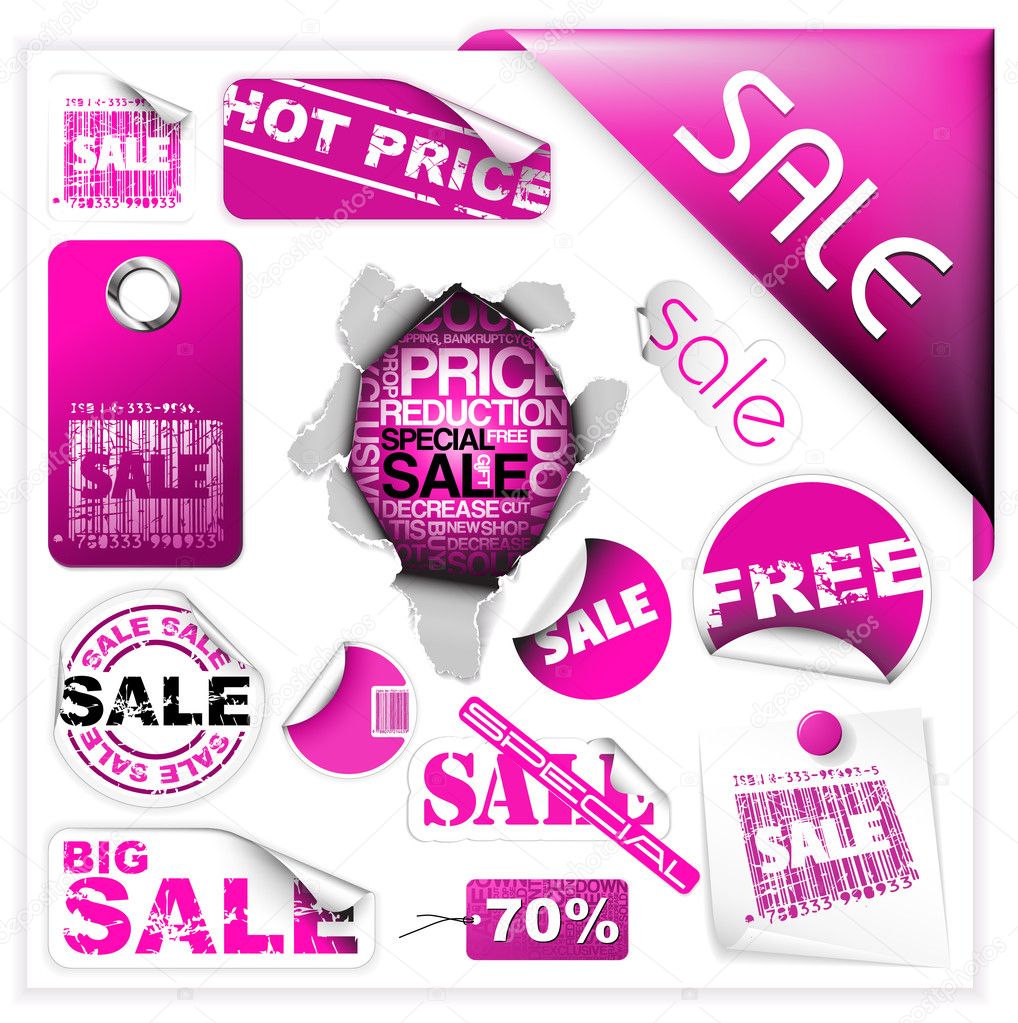 Set of pink sale tickets and labels