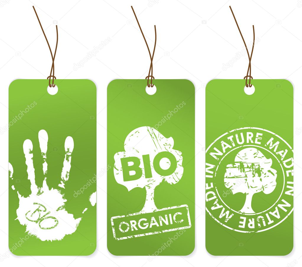 Set of three green tags for organic