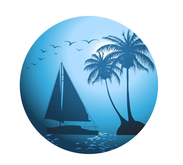Summer background with palm trees and a yacht — Stock Vector
