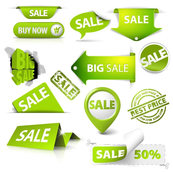 Kolekce vektorové zelené prodej vstupenek, štítky, razítka — Stockový vektor