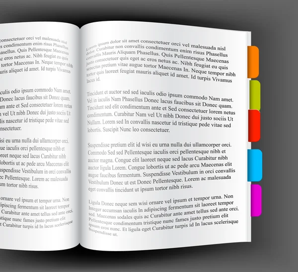 Libro aperto con segnalibri colorati — Vettoriale Stock