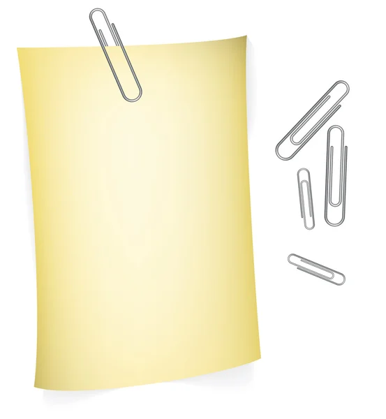 Yellow paper with paperclips — Stock Vector