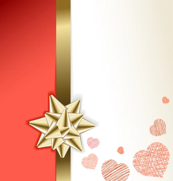 Tarjeta de San Valentín con arco dorado y corazones — Vector de stock