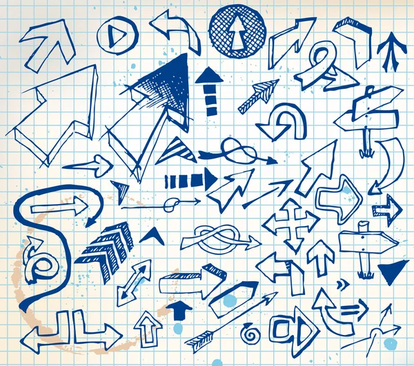 Grand ensemble de diverses flèches doodle — Image vectorielle