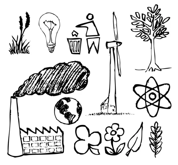 Conjunto de iconos dibujados a mano de ecología — Vector de stock