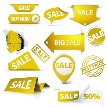 Collection of vector golden yellow sale tickets, labels, stamps clipart