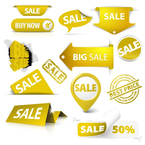 Collection of vector golden yellow sale tickets, labels, stamps — Stock Vector