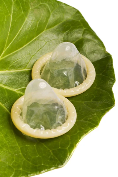 Dos condones sobre una hoja verde — Foto de Stock
