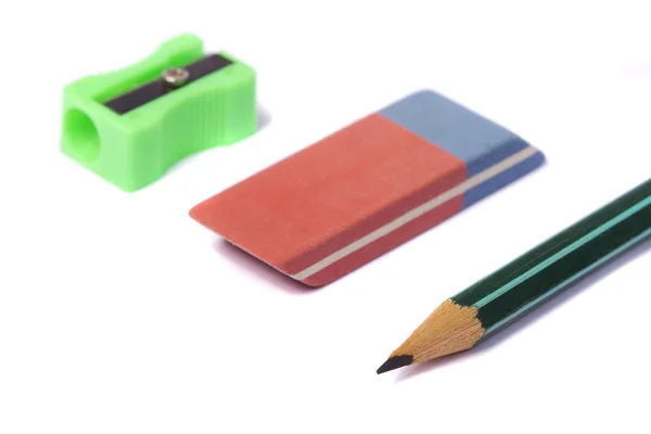 Pencil, eraser and pencil sharpener — Stock Photo, Image