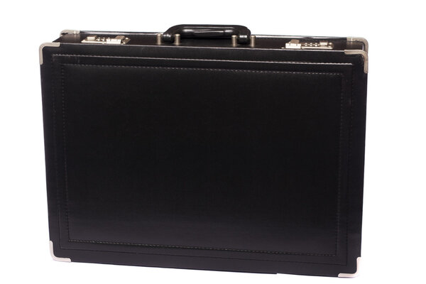 Close up view a modern black business briefcase isolated on a white background.