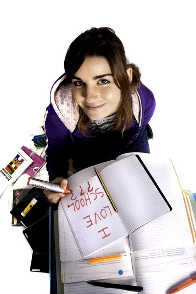 Menina da escola em um fundo branco — Fotografia de Stock