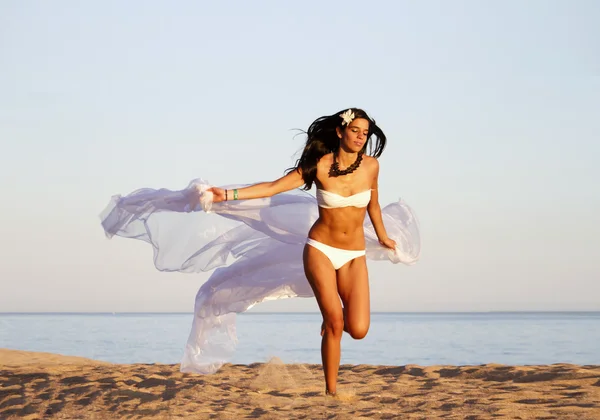 Beautiful young girl with a white bikini — Stock Photo, Image