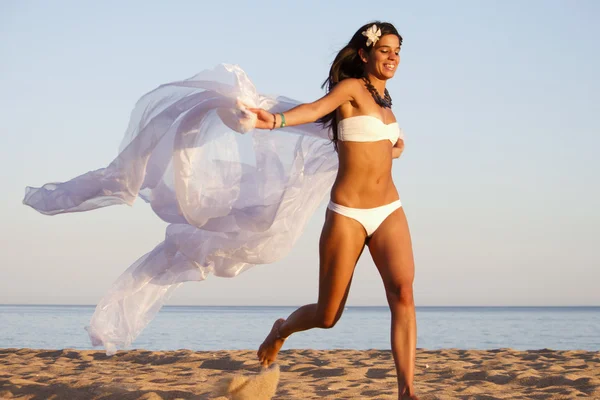 Beautiful young girl with a white bikini — Stock Photo, Image