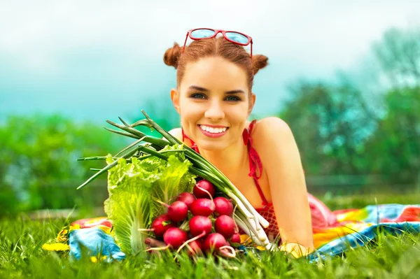 Beautiful happy woman with colourful vegetables — Stock Photo, Image