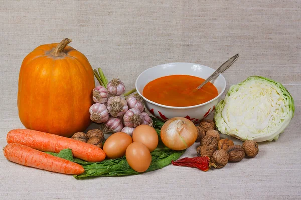 The soup, vegetables and nuts from kitchen garden — Stock Photo, Image