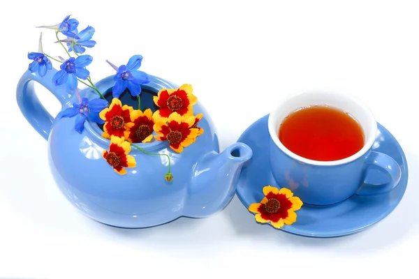 The blue kettle with flowers and cup of tea — Stock Photo, Image