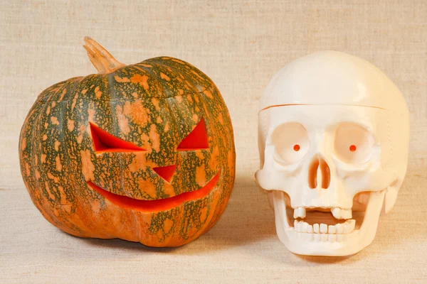 The cheerful halloween pumpkin and skull — Stock Photo, Image