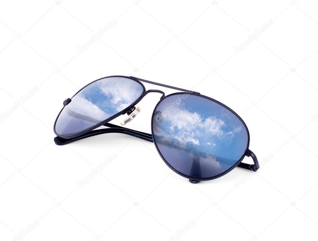 Aviator sunglasses with sky reflection isolated