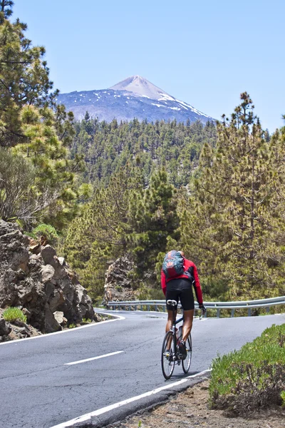 Man cycling towards the Teide volcano. — Stock Photo, Image