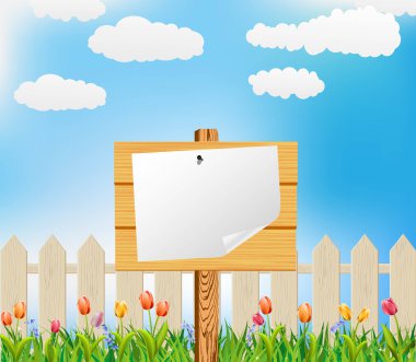 Vector flower garden and wooden billboard clipart