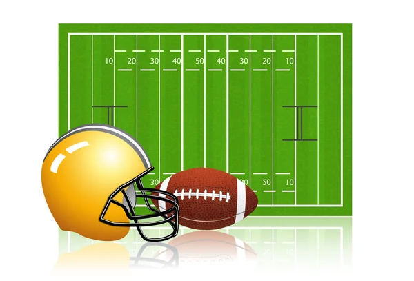 Terrain de football américain avec ballon et casque — Image vectorielle