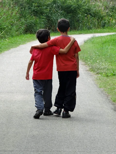 Dwóch chłopców spaceru wzdłuż ścieżki Zdjęcia Stockowe bez tantiem