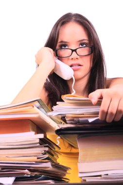 Stressed woman in phone sitting at desk overload clipart