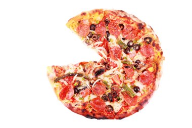 beyaz izole pizza bir dilim kaldırıldı