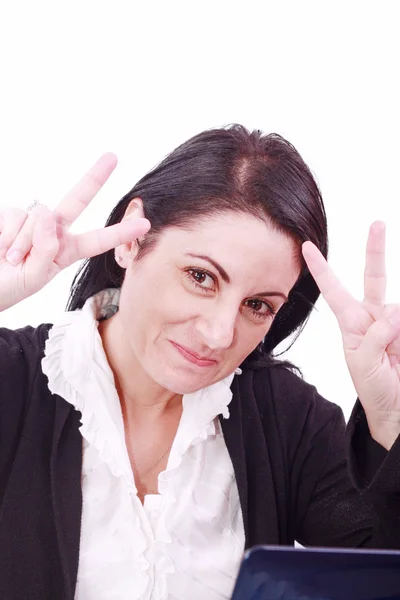 Business woman signaling success at office — Stock Photo, Image