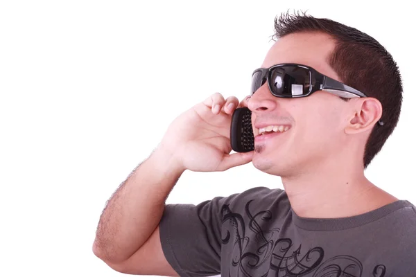 Junger, lässiger Mann telefoniert isoliert auf weißem Hintergrund — Stockfoto