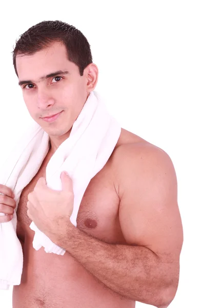 Smart cute attractive guy toweling hair and body skin — Stock Photo, Image