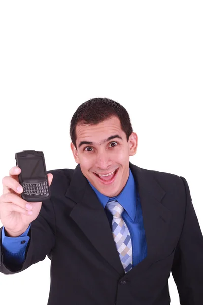Изолированный бизнесмен держит мобильный телефон для связи . — стоковое фото