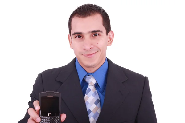 Imagen del hombre, empresario, que muestra el teléfono Imágenes de stock libres de derechos