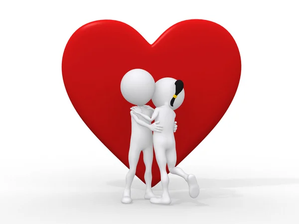 Prachtige 3d liefde paar omarmen tegen een grote rode hart op wh — Stockfoto