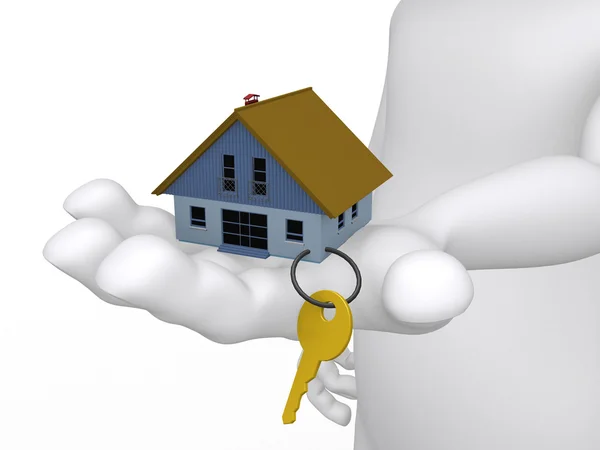 Concept van een hand met een huis en sleutel in 3d — Stockfoto