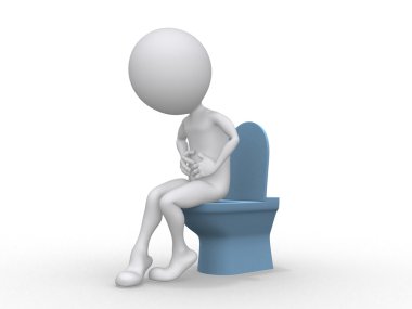 3D-man met darmproblemen zittend op het toilet