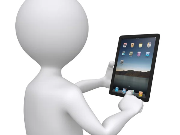 3D-Mann hält einen Touchpad-PC und drückt eines der Symbole — Stockfoto