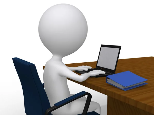 3D-Geschäftsmann auf seinem Schreibtisch mit Laptop — Stockfoto