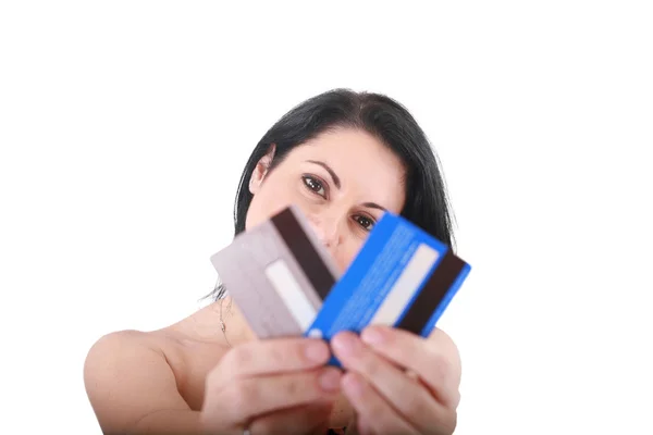 Credit cards in a hand of the woman. Focus on woman — Stock Photo, Image